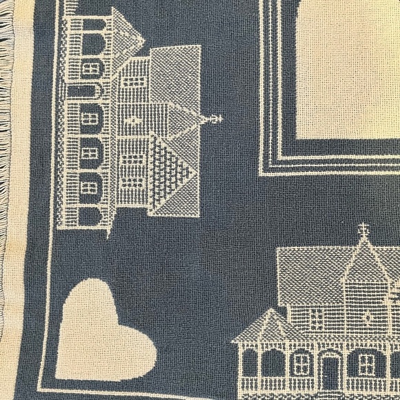 Vintage Blue & White Heart Cotton Blanket Reversible Goodwin Weavers Knit - Picture 7 of 13